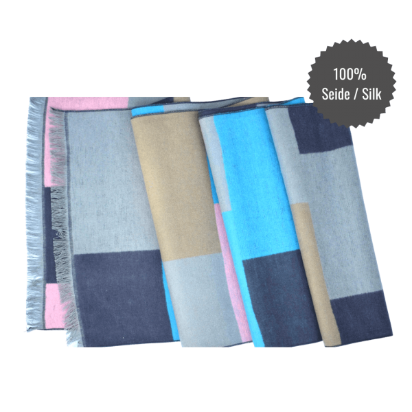 Scarf Shawl 100% Silk Flannel Jacquard Block Black Blue Pink